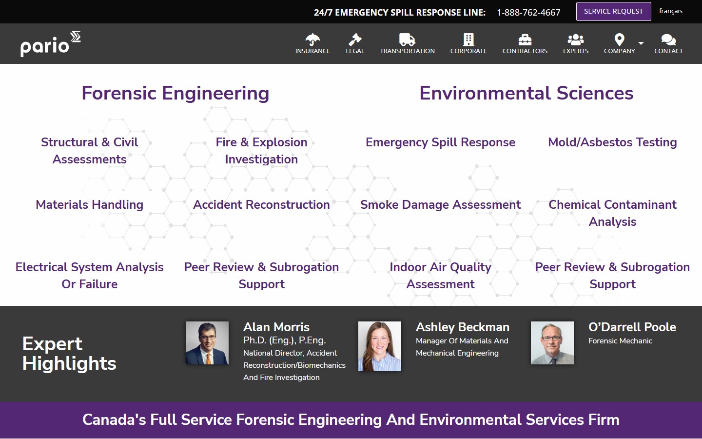 Previous Pario homepage with audience navigation and two columns of engineering and environmental service links