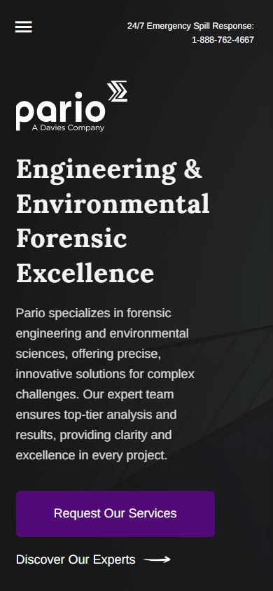 Pario mobile homepage with a service introduction, request button and expert discovery link