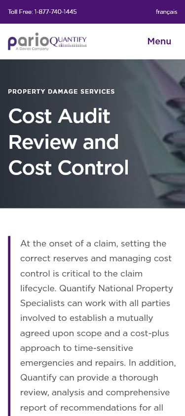 Redesigned ParioQuantify service page on a mobile viewport