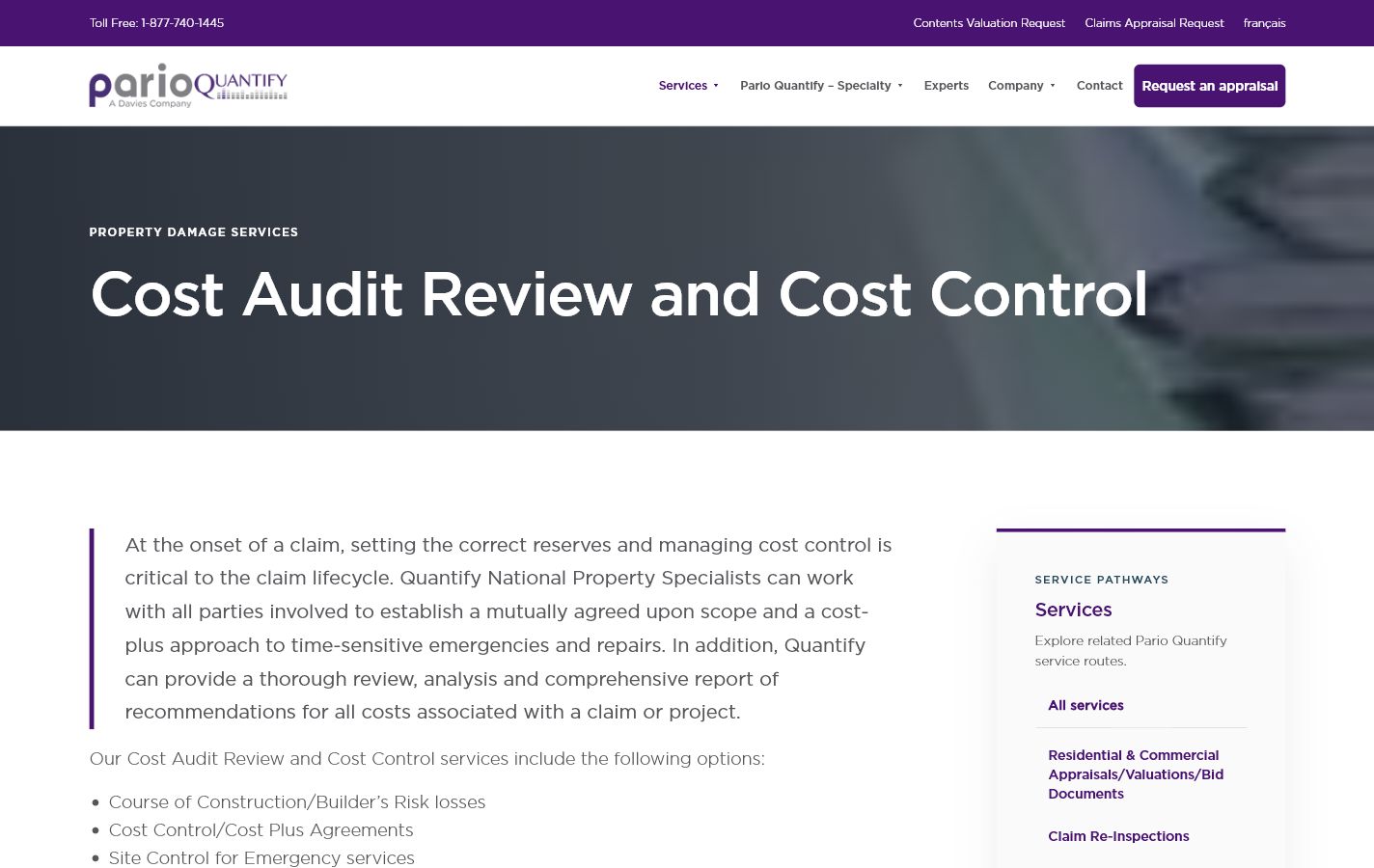 Redesigned ParioQuantify service page with a defined reading column and related service links