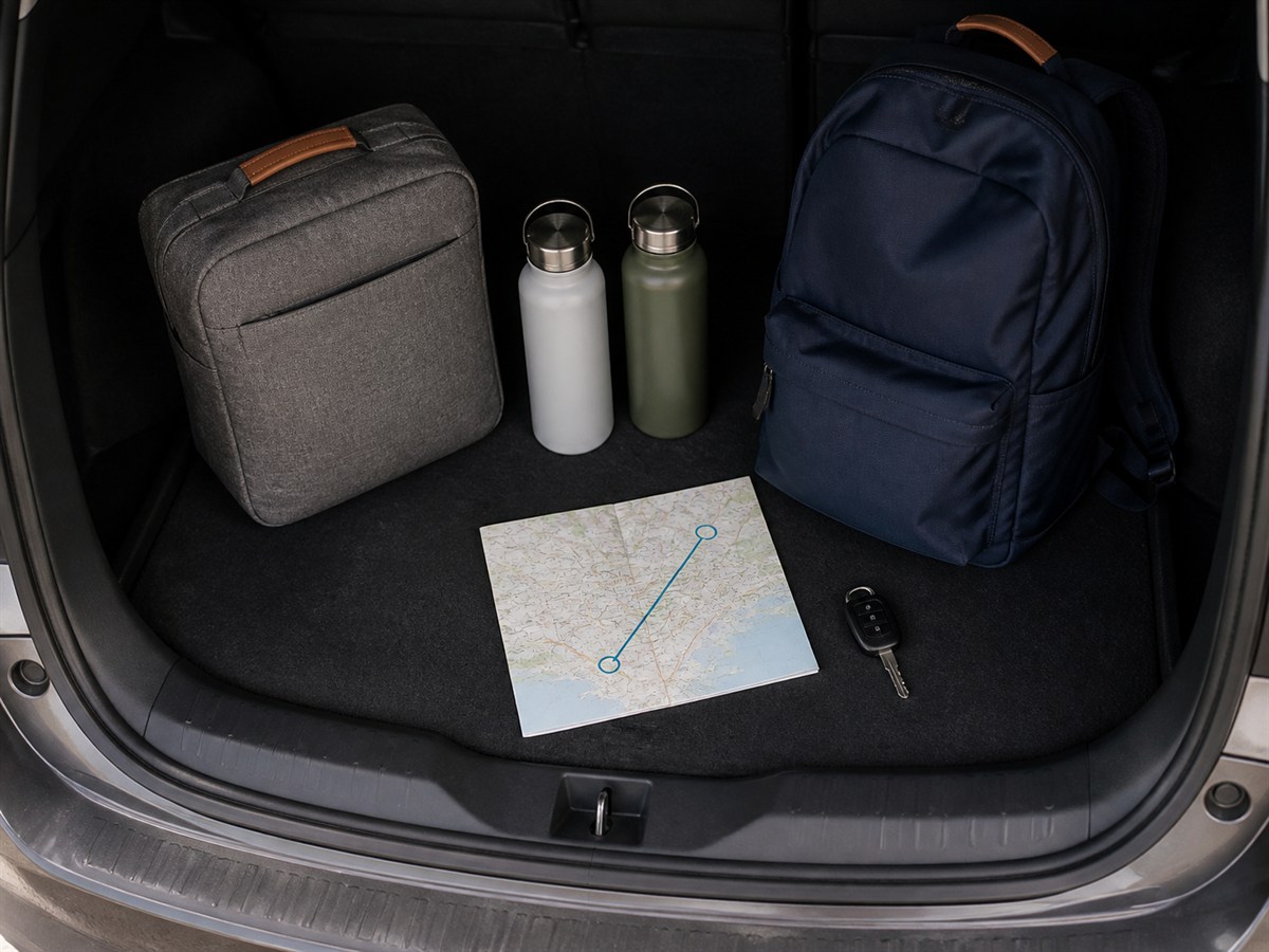 Everyday bags, water bottles, a car key, and an unlabeled route map in an open trunk