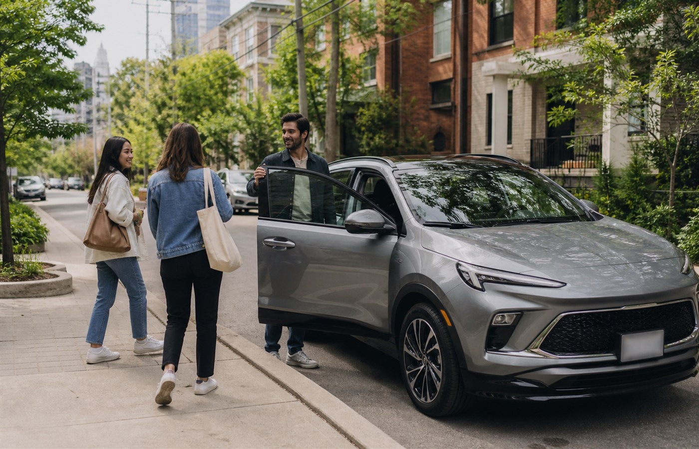 Three people meeting beside a car for a shared urban ride