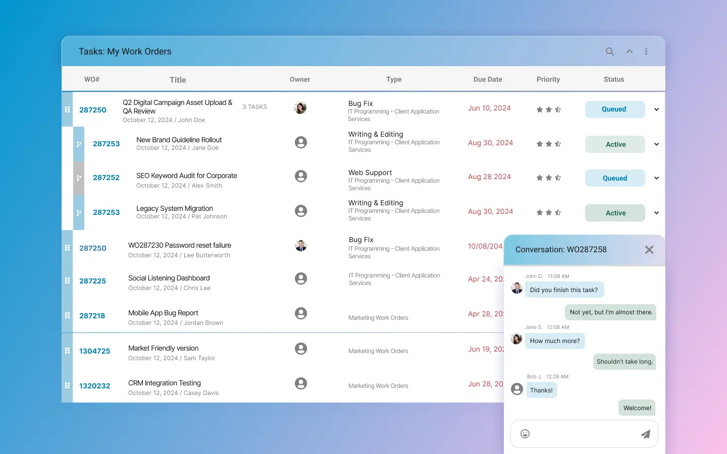 Work order chat window