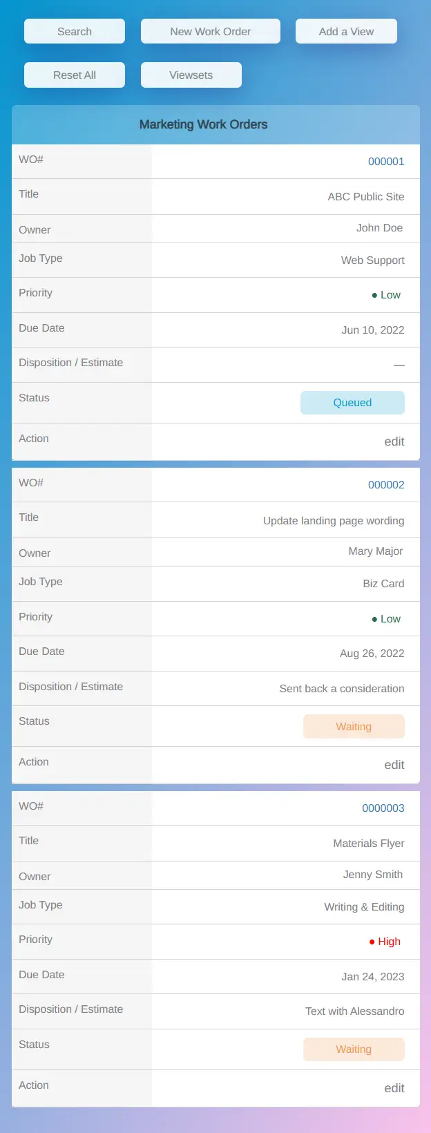 Mobile work order dashboard card view