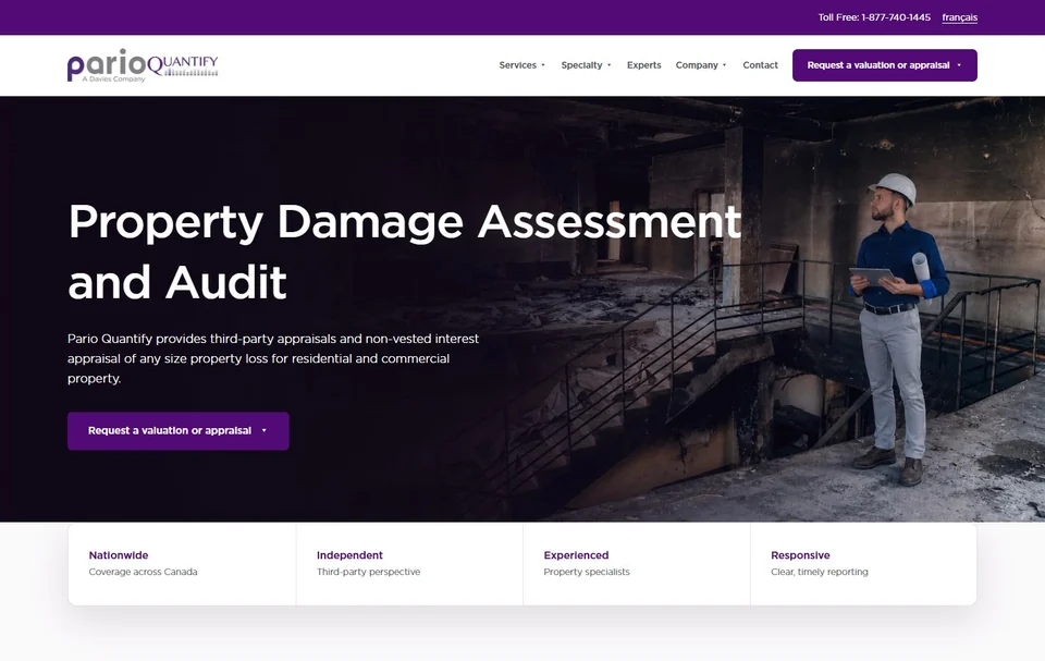 ParioQuantify redesigned homepage with a property damage assessment hero and service request actions